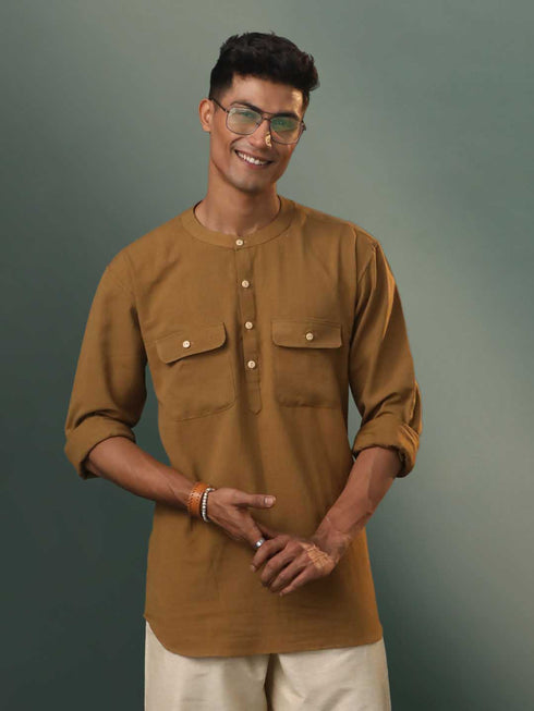 Vastramay Men's Beige Cotton Cool Short Kurta